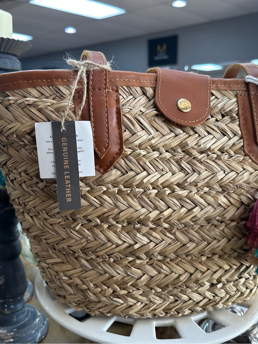 Genuine Leather Trim Woven Straw Tote Bag - Natural/Tan